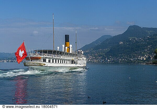 Ferry in Villeneuve on Lake Geneva  Switzerland  Europe