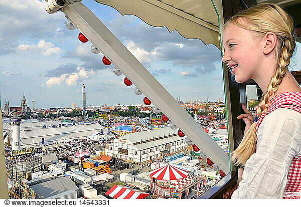 festival  public festival  Oktoberfest Munich  Therese's Green  12 years old girl Paulina  overview from the Ferris wheel  Germany  17.09.2011  Bavarian traditional costume  pigtail  pigtails  above  stereotyped  stereotype  Bavarian  Bavaria  weekend  weekends  Wiesn Weekend  Saturday afternoon  weather  weathers  clear  joy  leisure time  free time  spare time  2011  outlook  outlooks  viewpoint  viewpoints  Oktoberfest  Munich beer festival  dirndl  dirndl dress  fair  fairs  funfair  carnival  celebration  party  ceremony  ceremonies  inhabitant of Munich  farsightedness  view  views  historic  historical  2010s  21st century  people
