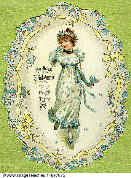 festivities,  New Year,  New Year wishes,  small billet,  good wishes for the new year,  Germany,  1899