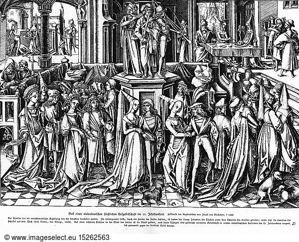 festivities  balls and parties  ball of a Low German baronial society  15th century  after copper engraving  by Israel van Meckenem the Younger (circa 1440 - 1503)  wood engraving  15th century  graphic  graphics  Middle Ages  medieval  mediaeval  dancer  dancers  dances  dance  dancing  society  societies  courtly  aristocracy  aristocracies  aristocrat  clothes  fashion  dress  dresses  bonnet  bonnets  hat  hats  doublet  jerkin  beret  berets  musician  musicians  make music  play music  making music  playing music  makes music  plays music  made music  played music  playing  play  animal  animals  dog  dogs  religion  religions  Christianity  Bible  New Testament  NT  John the Baptist  Salome  historic  historical  people  female  woman  women  male  man  men