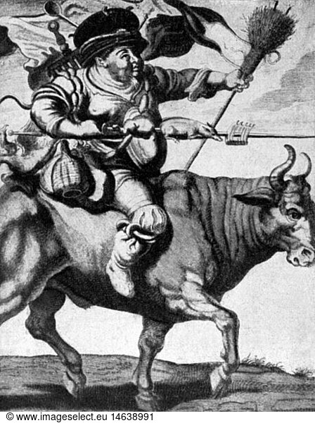 festivities  carnival  personification of carnival riding on ox  engraving  circa 1600