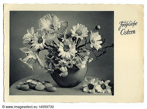 festivities  Easter  'FrÃ¶hliche Ostern' (Happy Easter)  flowers in vase and Easter eggs  picture postcard  1950s