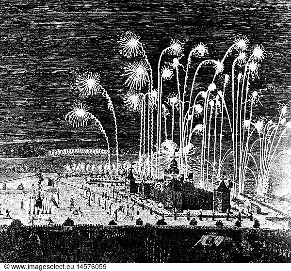 festivities  fireworks  fireworks on the occasion of the ratification of the definite version of the Westphalian peace in Nuremberg  25.9.1649  engraving  by Michael Herz  detail  1650  17th century  graphic  graphics  Germany  Thirty Years' War  peace  peace agreement  peace treaty  peace agreements  peace treaties  ratification  ratifications  Peace of Westphalia  castle  castles  fireworks  rocket  missile  rockets  missiles  historic  historical  people