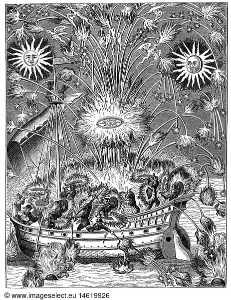 festivities  fireworks  water fireworks  girandole between two suns  imagination of a naval battle  copper engraving  from assets of Jean Apier called Hanzelet (* 1609)  17th century  17th century  France  graphic  graphics  girandole  girandoles  sun  suns  rocket  missile  rockets  missiles  birds  bird  fire  sailing ship  sailing ships  soldiers  soldier  fights  fighting  fight  naval battle  naval battles  historic  historical  people