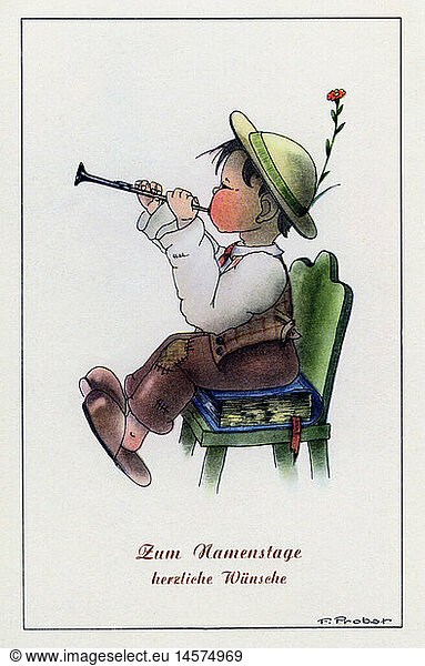 festivities  greeting cards name day  'Zum Namenstage herzliche WÃ¼nsche' (Warmest wishes for your name day)  little musician  drawing  by F.Probst  postcard  print: Haering & Co.  1930s / 1940s