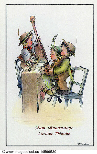 festivities  greeting cards name day  'Zum Namenstage herzliche WÃ¼nsche' (Warmest wishes for your name day)  little musicians  drawing  by F.Probst  postcard  print: Haering & Co.  1930s / 1940s