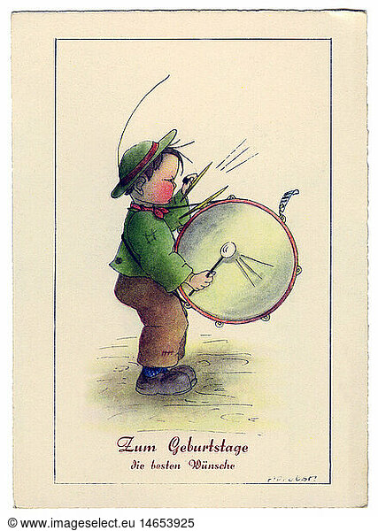 festivities  greetings card birthday  'Zum Geburtstage die besten GlÃ¼ckwÃ¼nsche' (Best congratulations for your birthday)  little boy with drum  postcard  print: Haering und Co.  Germany  1930s