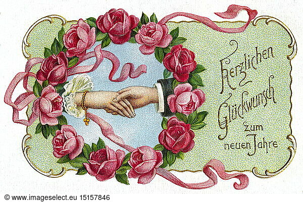 festivities  New Year  cordially good wishes to the new year  greetings card  small decorative embossed card  Germany  circa 1908