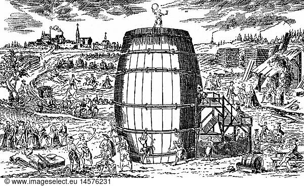 festivities  public festival  construction of a great wine barrel  GrÃ¶ningen  copper engraving  1730