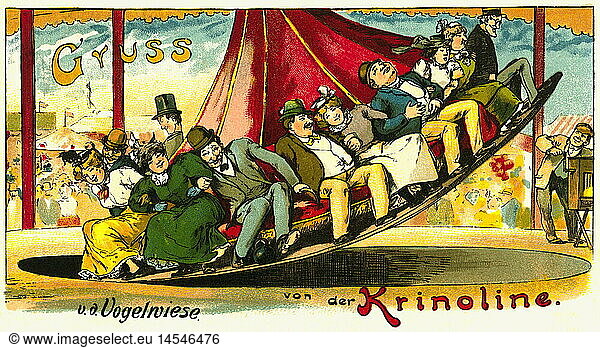 festivity  fair  Dresden Vogelwiese  fairground ride  greetings from the Krinoline  visitors  picture postcard  lithograph  Germany  circa 1910
