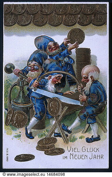 festivity  New Year's Eve and New Year's Day  greeting card with minting dwarfs  'Viel Glueck im Neuen Jahr' (Good luck in the New Year)  Chromolithografie  gold embossing  circa 1900  private collection