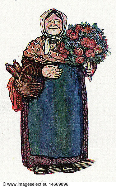 festivity  New Year's Eve  greetings card by Otto Eichrodt (1867 - 1944)  20th century  20th century  fine arts  art  graphic  graphics  New Year's card  New Year's cards  good wishes  congratulations  symbol  symbols  full length  standing  flower  flower bouquet  bunch of flowers  bouquets  basket  baskets  sausage  wurst  sausages  festivities  festivity  New Year  New Year's Day  greetings card  greetings cards  greeting cards  historic  historical  female  woman  women