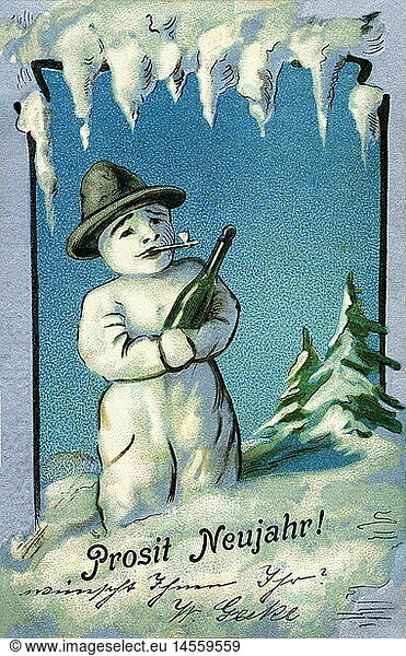 festivity  New Year's Eve  greetings card 'Prosit New Year'  snowman holding bottle  lithograph  Germany  1904