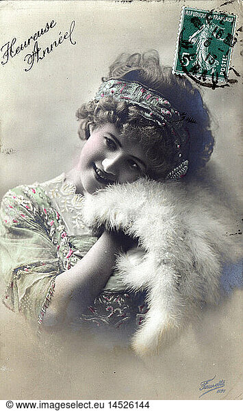 festivity  New Year's Eve  'Heureuse Annee' (Happy New Year)  woman with muff  coloured picture postcard  circa 1910