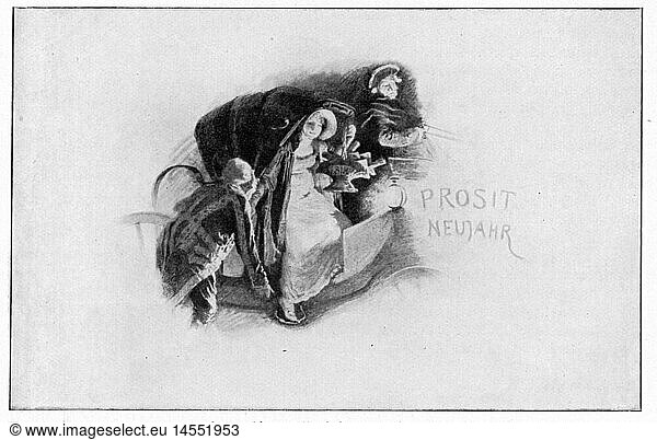 festivity  New Year's Eve  'Prosit Neujahr' (Happy New Year)  greetings card by Franz Xaver Simm (1853 - 1918)  1894