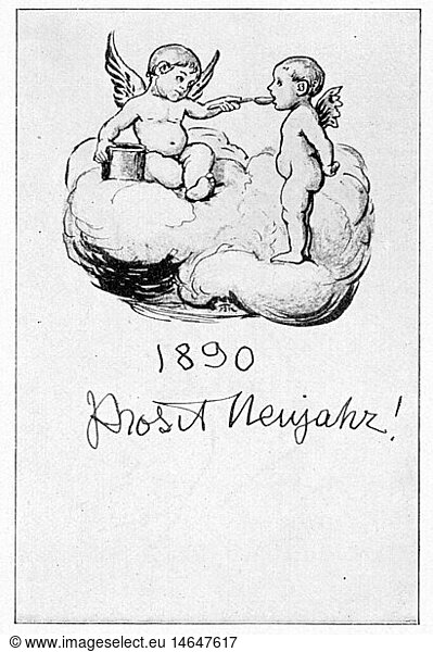 festivity  New Year's Eve  'Prosit Neujahr' (Happy New Year)  greetings card by Hans Thoma (1839 - 1924)  1890