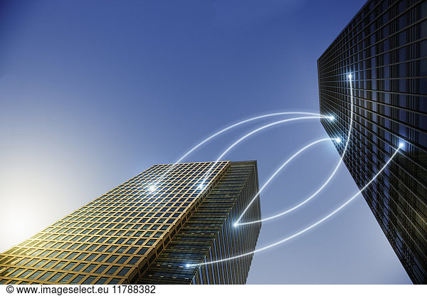 Fiber optic light communication connecting highrise buildings  concept