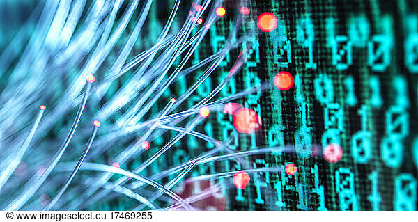 Fiber optics carrying computer virus attacking binary code