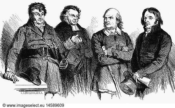 Fichte Johann Gottlieb 19.5.1762 - 29.1.1814 deut. Philosoph Gruppenbild mit Friedrich Schleiermacher Friedrich Ludwig Jahn und Ernst Moritz Arndt Holzschnitt 19. Jahrhundert