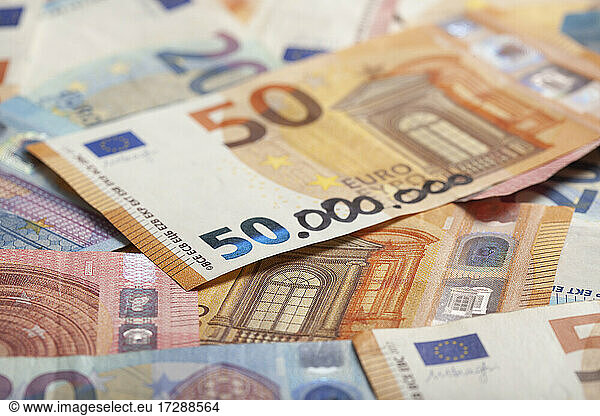Fifty euro banknote with multiple added zeroes symbolizing hyperinflation