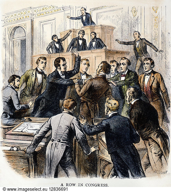 FIGHT IN CONGRESS  1851. 'A Row in Congress.' Congressmen Albert G. Brown and John A. Wilcox of Mississippi come to blows over differing views on the extent of sympathy for secession in their state  March 1851. Wood engraving  American  1886.