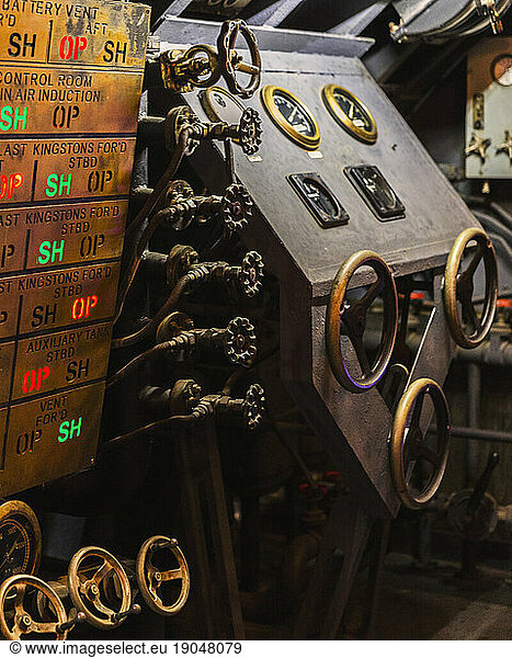 Film prop  machinery with knobs and valves  Cinecitta Museum in Rome  Italy