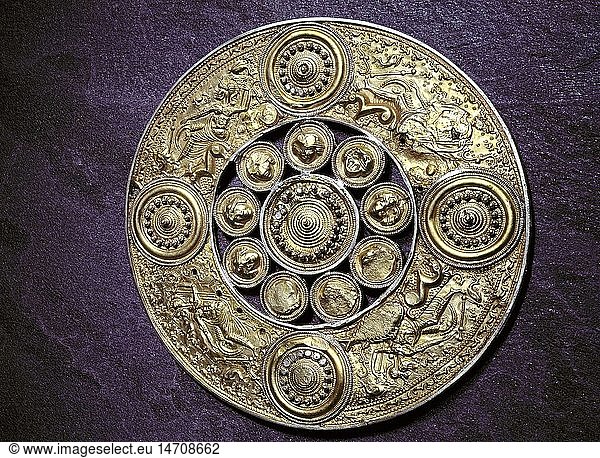 fine arts  ancient world  Germanic  ornamental disk with imitation of Roman Mars depiction  Thorsberg  Schleswig  early 3rd century AD  bronze  gilded  Schleswig-Holstein state museum  Germany