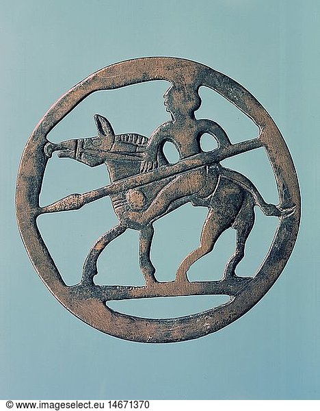 fine arts  ancient world  jewellery disc with depiction of a rider with spear  8.3 centimeter  locality: Braeunlingen  State Museum of Baden  Karlsruhe