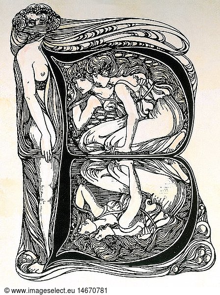 fine arts  Angus  Christine  print  initial 'B'  published in the magazine 'Studio'  August 1894  private collection