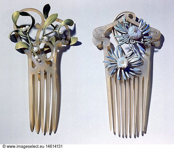 fine arts  Art Nouveau  jewellery  combs by Rene Jules Lalique and Vever Horn with enamel  opalines and pearls  1900  Museum of Fine Arts and Commerce  Hamburg