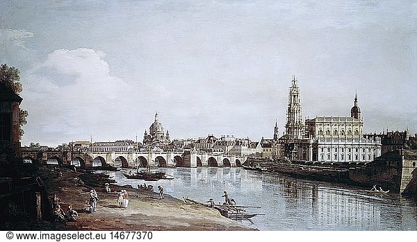 fine arts  Bellotto  Bernardo  called Canaletto  (1721 - 1780)  painting  'Dresden seen from right bank of Elbe river downriver of Augustus bridge'  1748  gallery of arts  Dresden  Germany  Europe  18th century  rococo  cityscape  cityscapes  city view  view