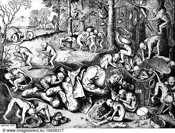 fine arts  Bruegel  Pieter the Elder (circa 1525 / 1530 - 1569)  graphic  'The Dealer and the Monkeys'  1562  copper engraving by Cock  21 6 x 29 5 cm  private collection