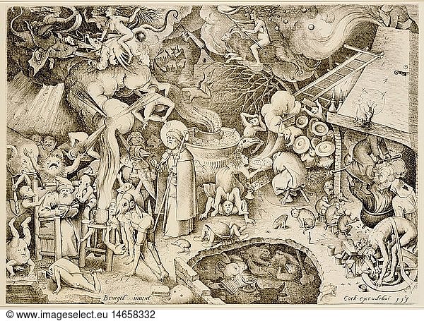fine arts  Bruegel  Pieter the Elder (circa 1525 - 1569)  'Saint Jacob with the Magician Hermogenes and the Departure of the Witches for Walpurgis Night'  copper engraving by Hieronymus Cock (circa 1510 - 1570)  1565  21.2 cm x 29.2 cm  private collection