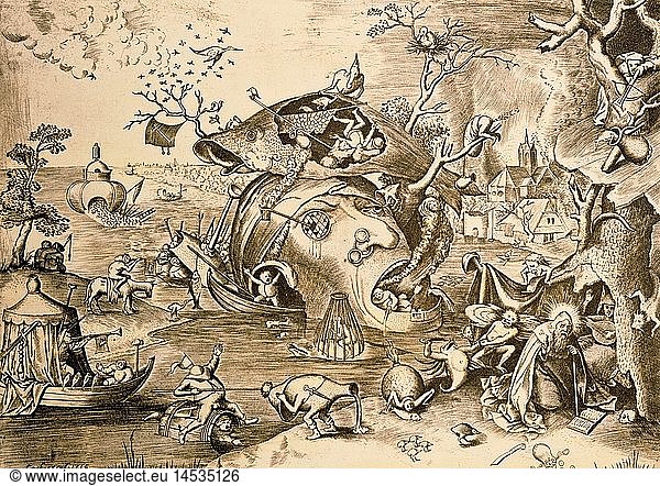 fine arts  Bruegel  Pieter the Elder (circa 1525 - 1569)  'The Temptation of Saint Anthony'  copper engraving by Hieronymus Cock (circa 1510 - 1570)  1556  21.7 cm x 29.6 cm  private collection