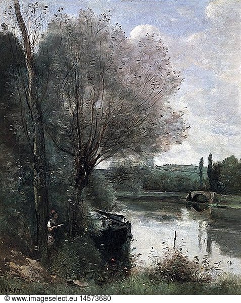 fine arts  Corot  Jean-Baptiste Camille  (1796 - 1875)  painting  'La liseuse sur la rive boisee'  ('reading woman in forest at bank of river')  Saint - Denis Museum  Reims