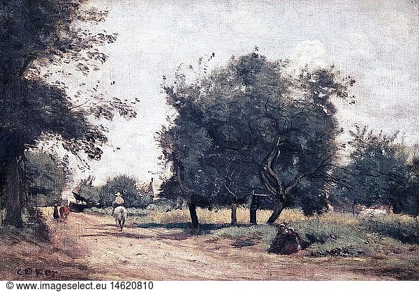 fine arts  Corot  Jean-Baptiste Camille  (1796 - 1875)  painting  'riders on the village road'  Folkwang Museum  Essen