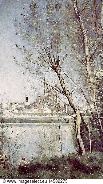 fine arts  Corot  Jean-Baptiste-Camille (1796 - 1875)  painting  'The Cathedral of Mantes'  1865 - 1869  oil on canvas  Musee de Beaux Arts  Reims