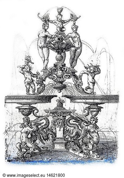 fine arts  Dietterlin  Wendel (1550 / 1551 - 1599)  etching  concept for a fountain  from: 'Architectura'  Nuremberg  1598  private collection
