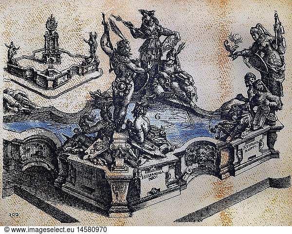 fine arts  Dietterlin  Wendel (1550 / 1551 - 1599)  etching  concept for a fountain of the continents  from: 'Architectura'  Nuremberg  1598  private collection