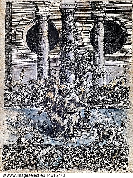 fine arts  Dietterlin  Wendel (1550 / 1551 - 1599)  etching  concept for a hunting fountain with boar hunt  from: 'Architectura'  Nuremberg  1598  private collection