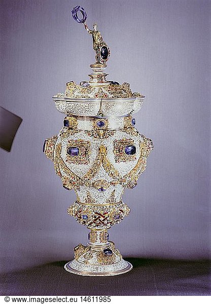 fine arts  drinking vessel  covered cup  by Hans Reimer (1555 - 1604)  Munich  Germany  1563  48.6 cm x 17.2 cm  gold  enamel  sapphires  Munich Residence  treasury