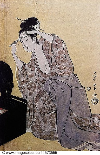 fine arts  Eisho  Chokosai  (active circa 1794 - 1800)  graphics  'woman combing hair'  circa 1795 / 1800  colour woodcut  36 7 cm x 24 5 cm  Guimet Museum  Paris