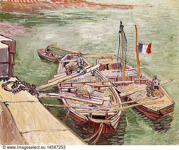 fine arts  Gogh  Vincent van  (1853 - 1890)  painting  'barques on Rhone river'  1888  oil on canvas  55 cm x 66 5 cm  Folkwang museum  Essen
