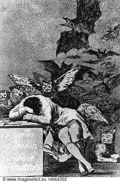 fine arts  Goya  Francisco de (1746 - 1828)  graphic  'El sueno de la razon produce monstres' (The Sleep of Reason Produces Monsters)  Capricho number 43  1797 / 1798  etching  aquatint  21.3 x 15.1 cm  Museo del Prado  Madrid