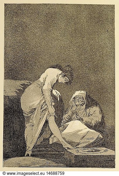 fine arts  Goya y Lucientes  Francisco de (1746 - 1828)  graphic  etching  'Bien tirada esta'  from the series 'Los Caprichos' (The caprices)  1796 / 1797  18.6 cm x 12.5 cm  private collection