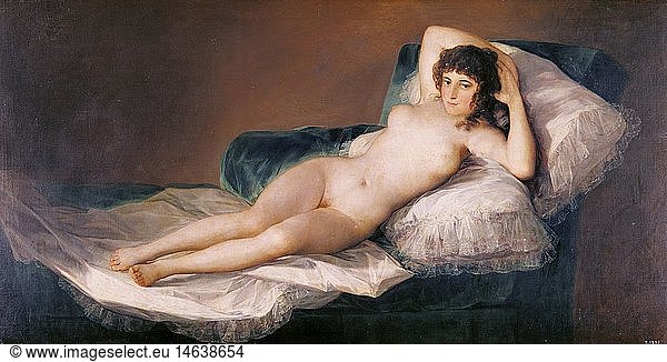 fine arts  Goya y Lucientes  Francisco de  (1746 - 1828)  painting  'La Maja Desnuda'  ('the nude Maja')  1799 - 1800  oil on canvas  97 cm x 190 cm  Prado  Madrid