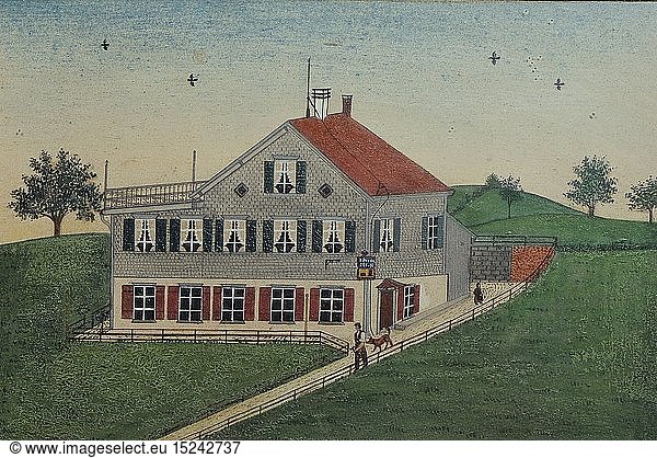 fine arts  Heuscher  Johann Jakob (1843 - 1901)  painting  'Ansicht eines Gasthauses' (Tavern)  1887  watercolour  private collection  Switzerland