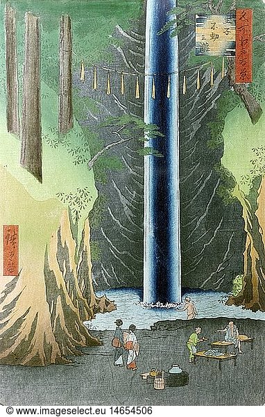 fine arts  Hiroshige Utagawa (1797 - 1858)  the Fudo cascade in Oji  woodcut  1857  Museum of East Asian Art  Berlin