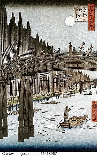fine arts  Hiroshige Utagawa (1797 - 1858)  the Kyo bridge  woodcut  circa 1857  35 3x24 cm  Museum of East Asian Art  Cologne
