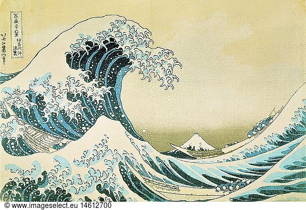 fine arts  Hokusai  Katsushika  (1760 - 1849)  graphics  'in the hollow of a wave off the coast at Kanagawa'  colour woodcut  from the series '36 views of Mount Fuji'  1823 - 1829  Victoria and Albert museum  London